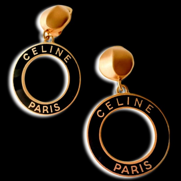 CELINE Paris Vintage XL Gold & Black Logo Drop Hoop RARE Clip On Earrings - Picture 5 of 5